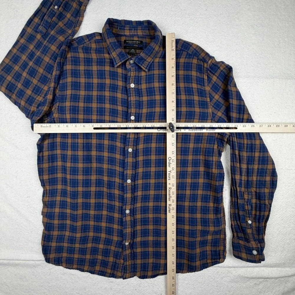 Banana Republic Mens XL Blue Brown Plaid Organic Cotton Untucked Standard Fit